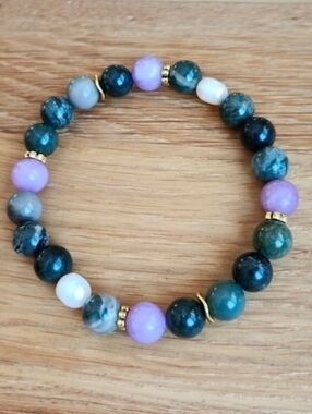 Green Rhodonite & Purple Lepidolite Beads Bracelet, Stretch, Hand Crafted